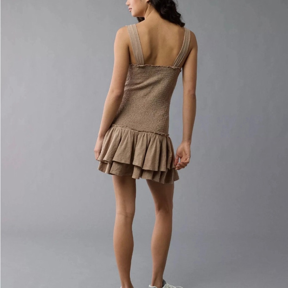 American Eagle Outfitters Taupe Smocked Ruffle Mini Dress
